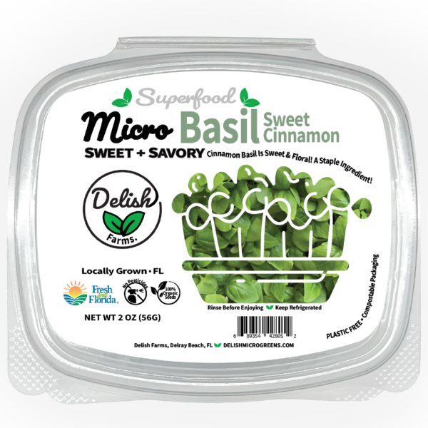 Cinnamon Basil Microgreens, specifically red acre variety. In a 2 oz or 8 oz package, delivery anywhere in palm beach county; Delray Beach, Boynton Beach, Boca Raton, Lake Worth, and West Palm Beach with a monthly or weekly subscription.