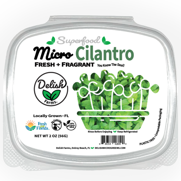 Cilantro Leisure Split Microgreens, specifically red acre variety. In a 2 oz or 8 oz package, delivery anywhere in palm beach county; Delray Beach, Boynton Beach, Boca Raton, Lake Worth, and West Palm Beach with a monthly or weekly subscription.