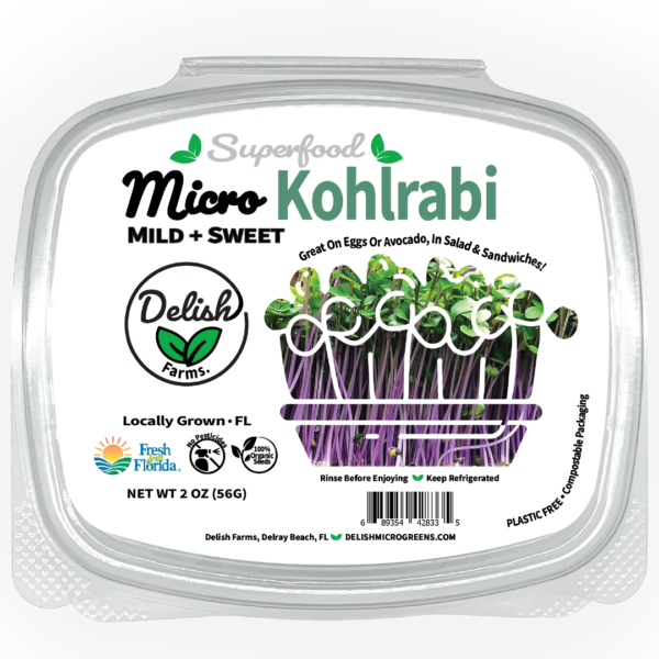 Kohlrabi Microgreens, specifically red acre variety. In a 2 oz or 8 oz package, delivery anywhere in palm beach county; Delray Beach, Boynton Beach, Boca Raton, Lake Worth, and West Palm Beach with a monthly or weekly subscription.