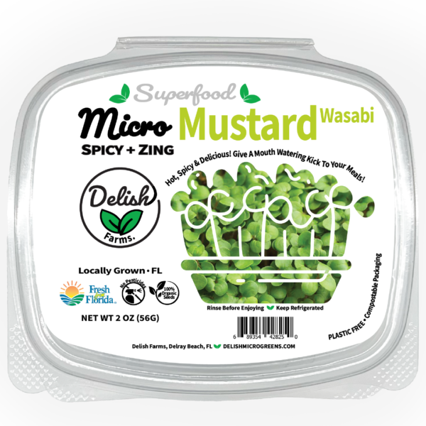 Wasabi Mustard Microgreens, specifically red acre variety. In a 2 oz or 8 oz package, delivery anywhere in palm beach county; Delray Beach, Boynton Beach, Boca Raton, Lake Worth, and West Palm Beach with a monthly or weekly subscription.