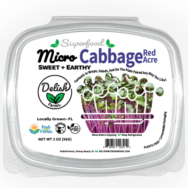 Cabbage microgreens, specifically red acre variety. In a 2 oz or 8 oz package, delivery anywhere in palm beach county; Delray Beach, Boynton Beach, Boca Raton, Lake Worth, and West Palm Beach with a monthly or weekly subscription.